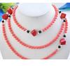 50" 6mm Round Pink Coral Square Red Coral Black Agate Necklace