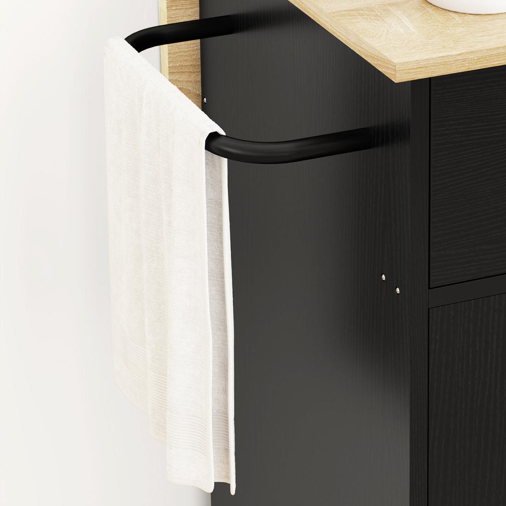 Kitchen Cart with Drawer, Cabinet Compartment, Towel Bar, 106 x 42 x 87 cm, Black/Oak