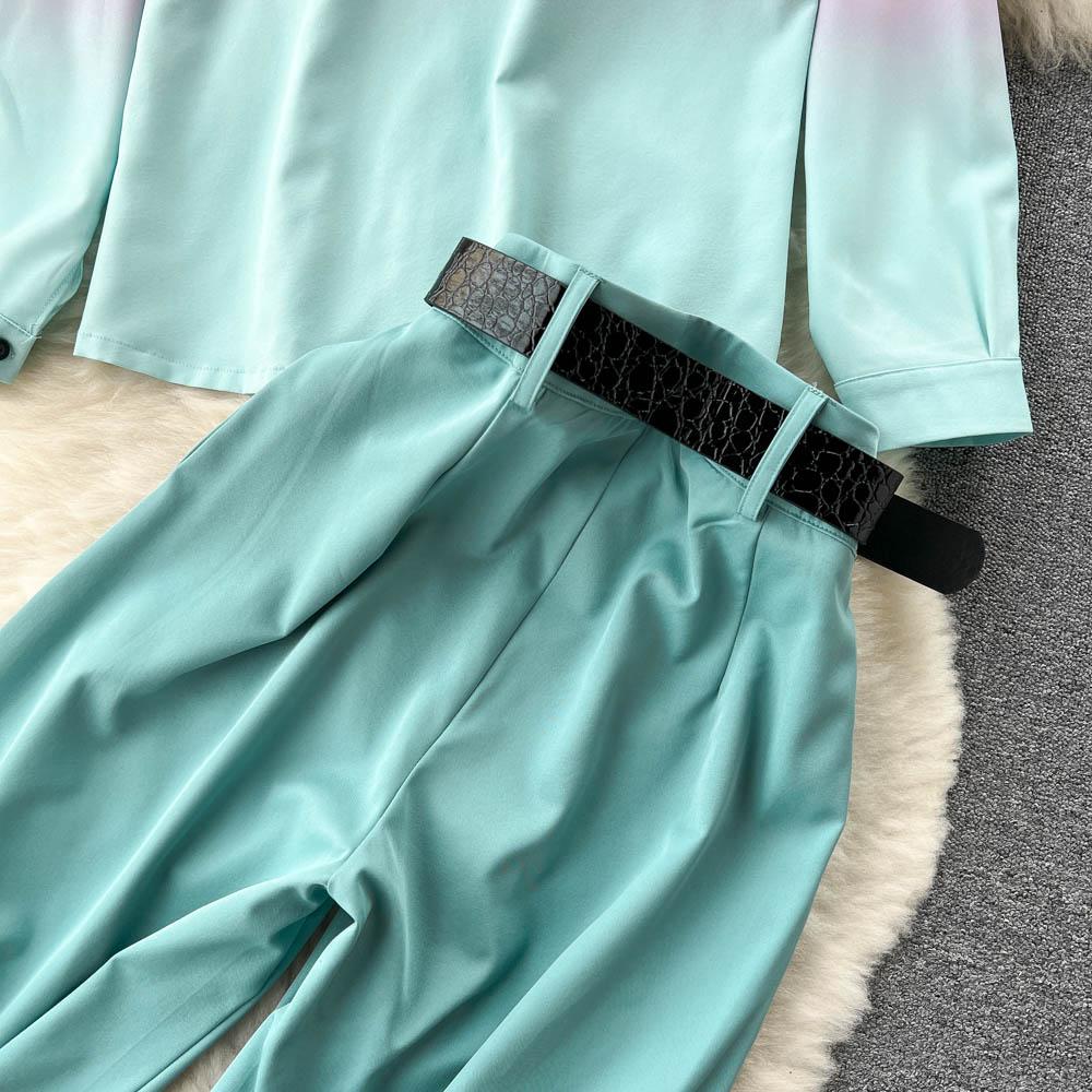 RUGOD Европейская и американская мода подходит женским градиентным рубашкам с длинными рукавами, женским повседневным прямым широким брюкам