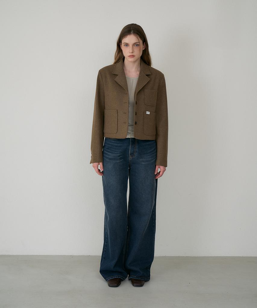 DEHEVE Herringbone Tailored Wool Crop Jacket [Camel]