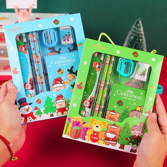 Christmas Stationery Set Cartoon Xmas Pattern Pencil Sharpener Erasers Pencils Kawaii School Stationery Supplies