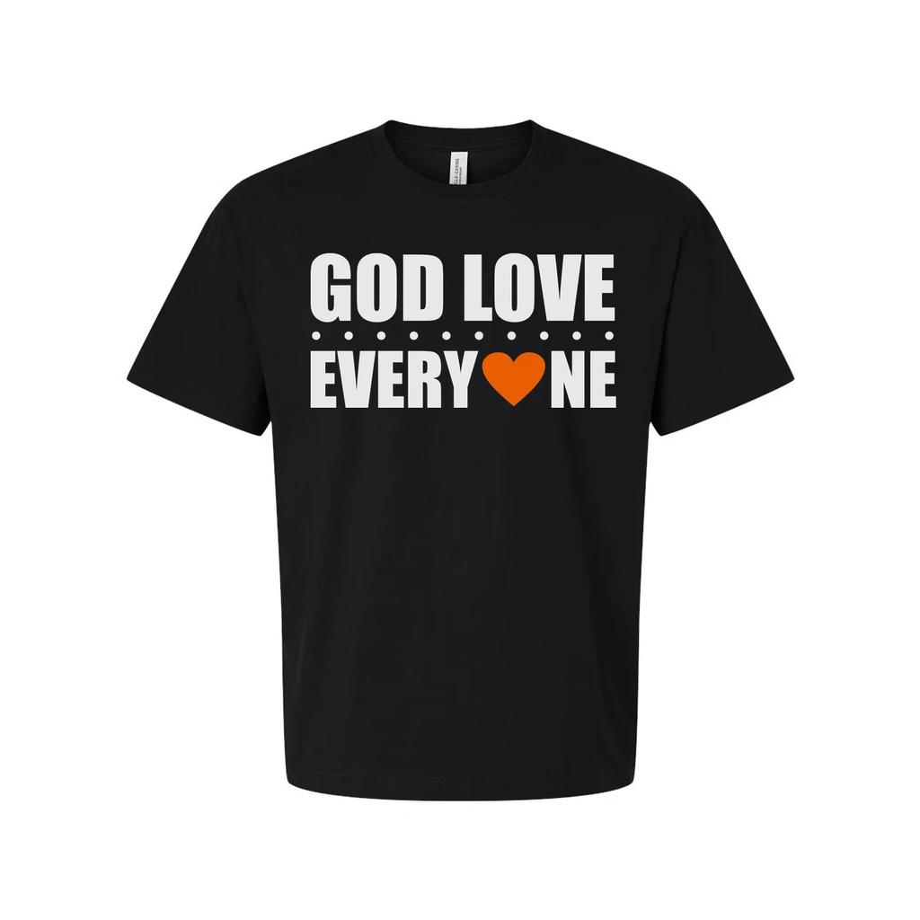Unisex Christian Graphic Tee Featuring God Love Everyone Message And Orange Hear
