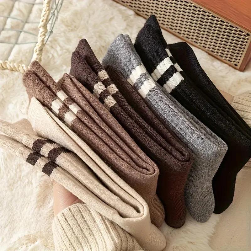 5 Pairs Pack Trendy Striped Crew Socks, Women's JK Fashion Socks for Sports Daily Wear, Vintage Cute Fall Winter Collection