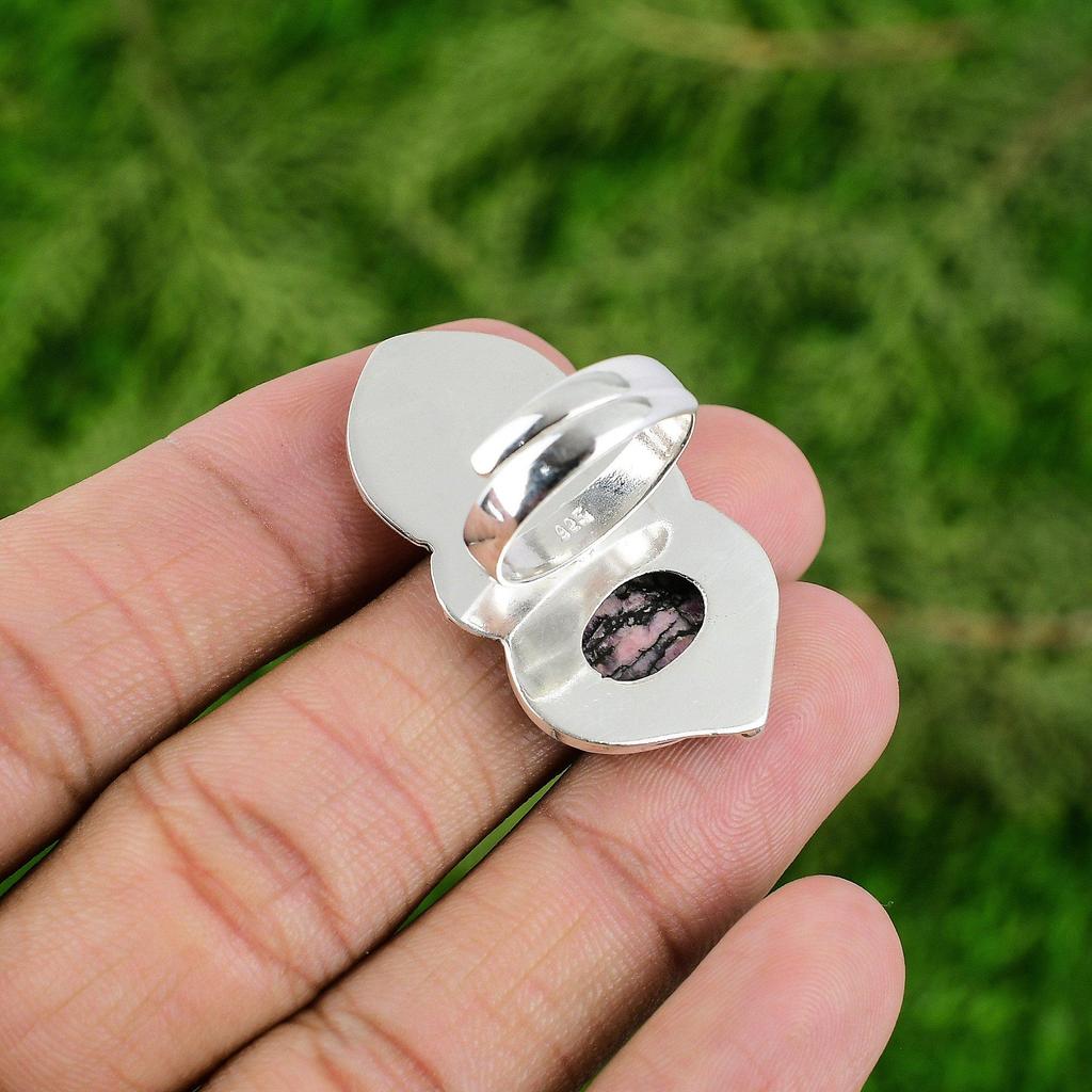 Natural Rhodonite Gemstone Stackable Bird Adjustable Ring 925 Silver For Women