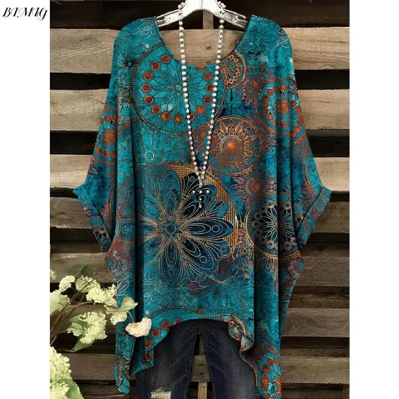 Women's Bohemian Floral Print Tunic T-Shirt Short Sleeve