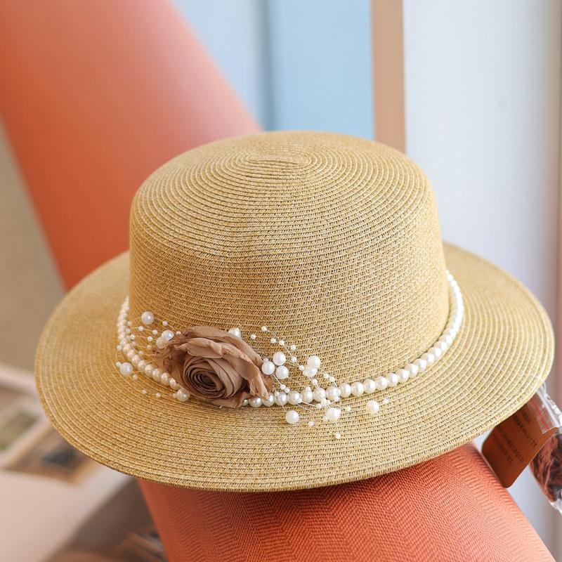 Rose Manor~ Romantic Temperament Pearl Chain Seaside Holiday Straw Hat Women's Spring and Summer Sunscreen Flat Top Hat
