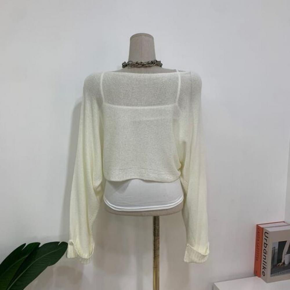 C S In The Room Kiyu Sheer Boat neCk Long Sleeve Knit StrIng CamiSole Set Color 