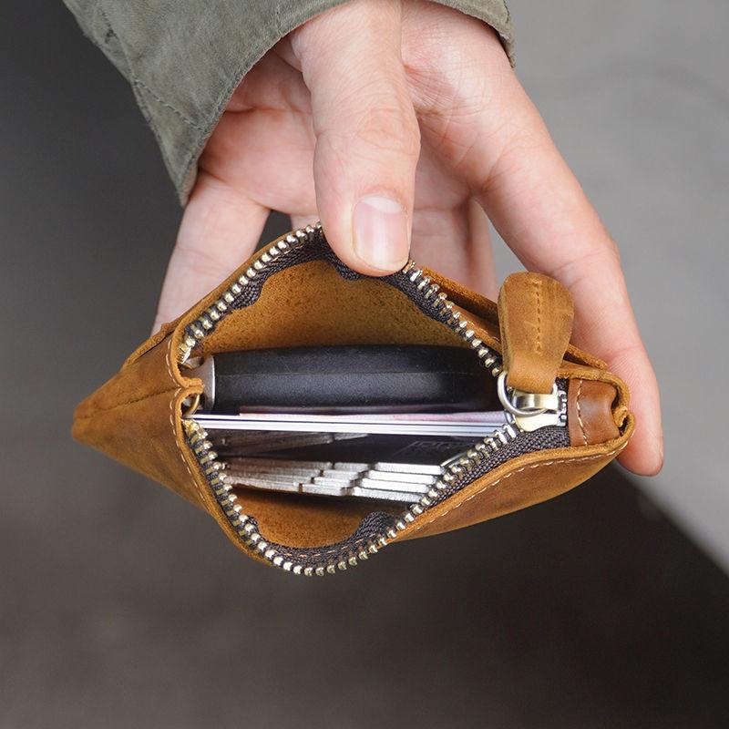 Retro Top Layer Cowhide Genuine Leather Mens Thin Purse Small Wallet Slim Zipper Key Coin Holders Loose Change Pocket Pouches