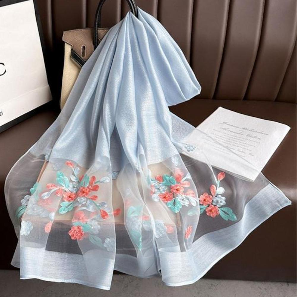 Элегантный шелковый шарф с цветочной вышивкой для женщин, стильная пляжная шаль с бисерной отделкой для защиты от солнца, богемный ветрозащитный маст-хэв