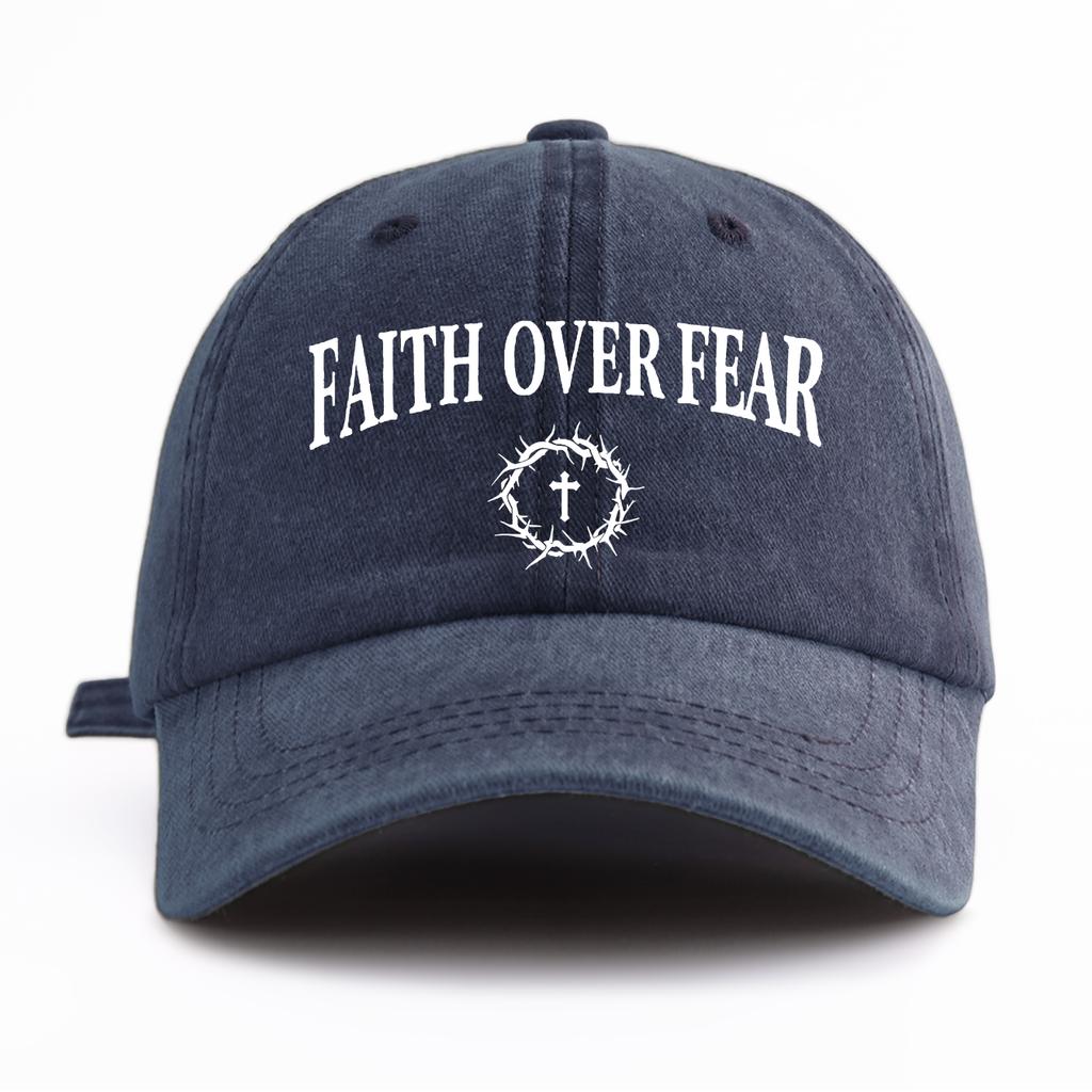 1 шт. Стильная washed бейсболка FAITH OVER FEAR для взрослых, Минималистичный ретро-стиль, Повседневная, Мягкая, Регулируемая, Шляпа папы, Идеально подходит в качестве подарка
