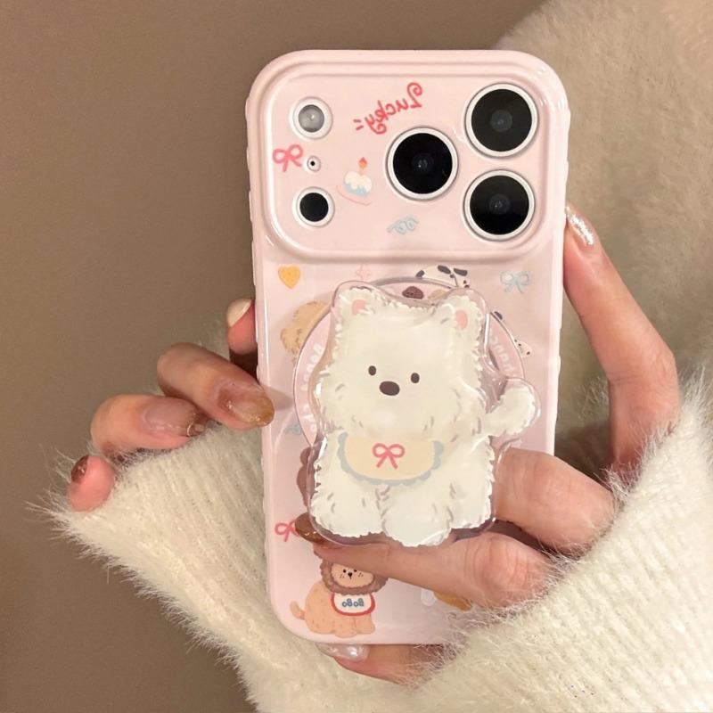 Милый Магнитный Чехол-Подставка для iPhone 17 16 15 14 13 12 Pro Max 11 3D Мультяшный Щенок Милая Собака Мягкий ТПУ Чехол-Держатель для Телефона