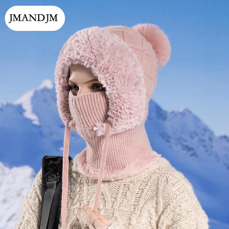 Зимняя бархатная вязаная шерстяная шапка женская защитная шапка маска шарф интегрированный термосвитер шапка