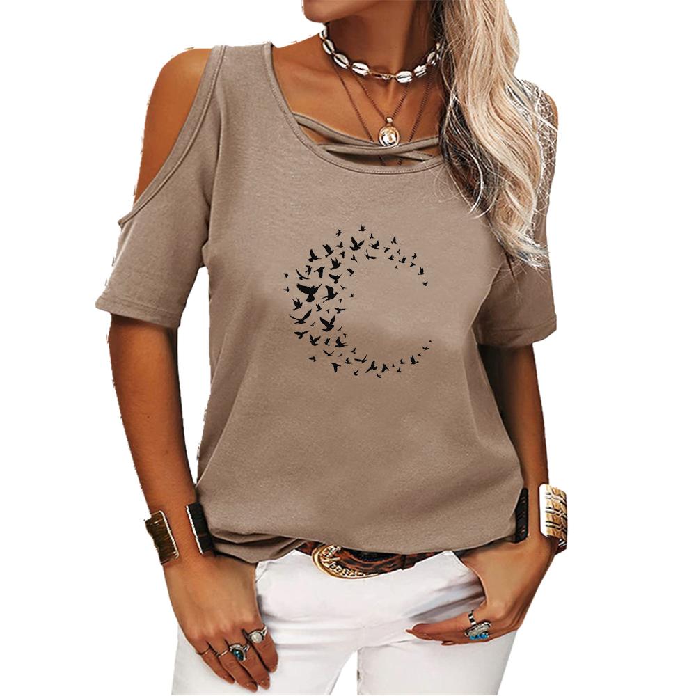 Women Casual Off Shoulder T-shirt Summer Short Sleeve Top Ladies Fashion Round Neck Printed Tee Shirt Pullover Loose T-shirt