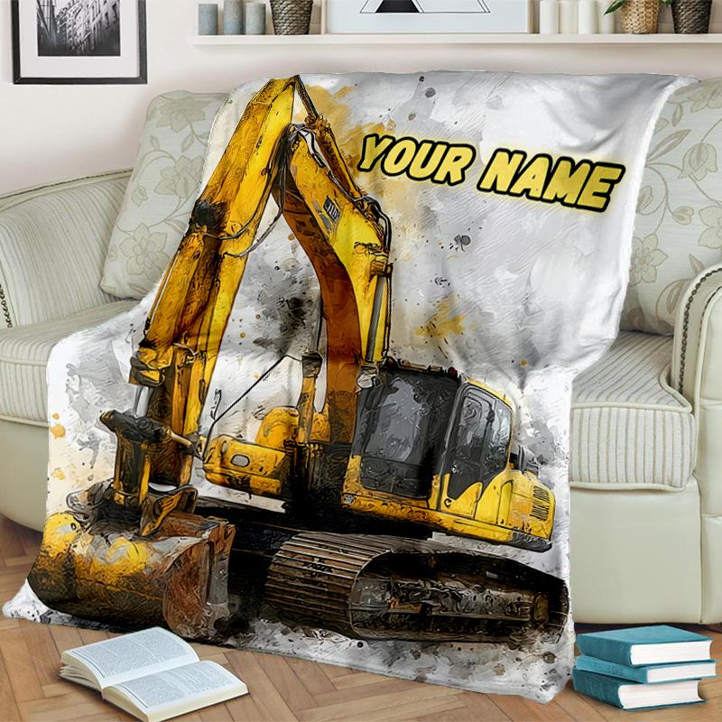 1PC Custom Name Excavator Art Card flannel blanket versatile,all-season throw suitable for the living room,bedroom,camping,travel,and gift