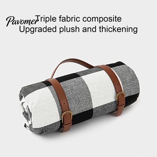 Теплое Пикниковое Одеяло Трехслойное Ручка из Искусственной Кожи Влагозащитное Портативное Утолщенное Для улицы Многоцелевое Зимнее Клетчатое Туристическое Коврик Принадлежности