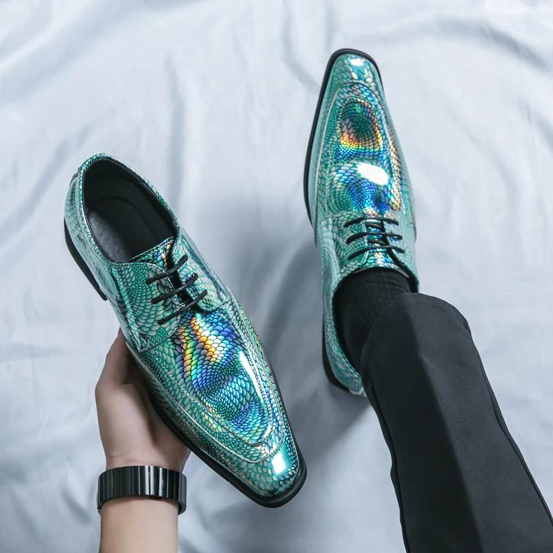 New Men Bright PU Printing Fashion Shoes Low Top Business British Casual Shoes Lace Up Classic Large Sizes 37-46 Men Shoes