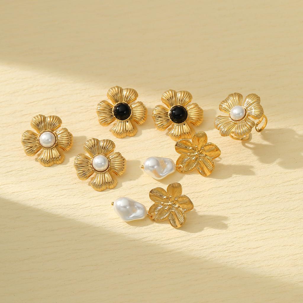 GEMCHIC Women's 18K Gold Plated Stainless Steel Flower Pearl Earrings Set