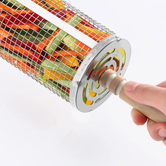 1/2Pcs Stainless Steel BBQ Cage with Wooden Handles Easy To Clean Rolling Barbecue Basket Even Heating Barbecue Basket
