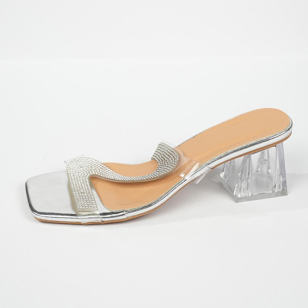 Women's Rhinestone Transparent Chunky Heel Sandals Slip-On Open Square Toe Crystal Block Heel Fashion Slides Party Wedding High Heels Slippers