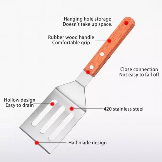 Stainless Steel Frying Spatula Set with Wooden Handle Heat Resistant Solid Turner