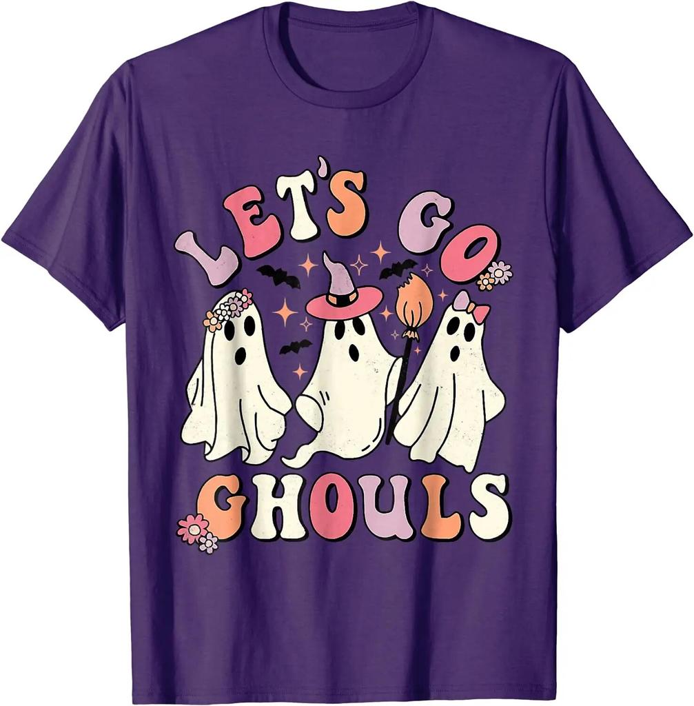 Let's Go Ghouls, костюм призрака на Хэллоуин, ретро, ​​заводная футболка для женщин унисекс, повседневные хлопковые повседневные рубашки для женщин, футболки