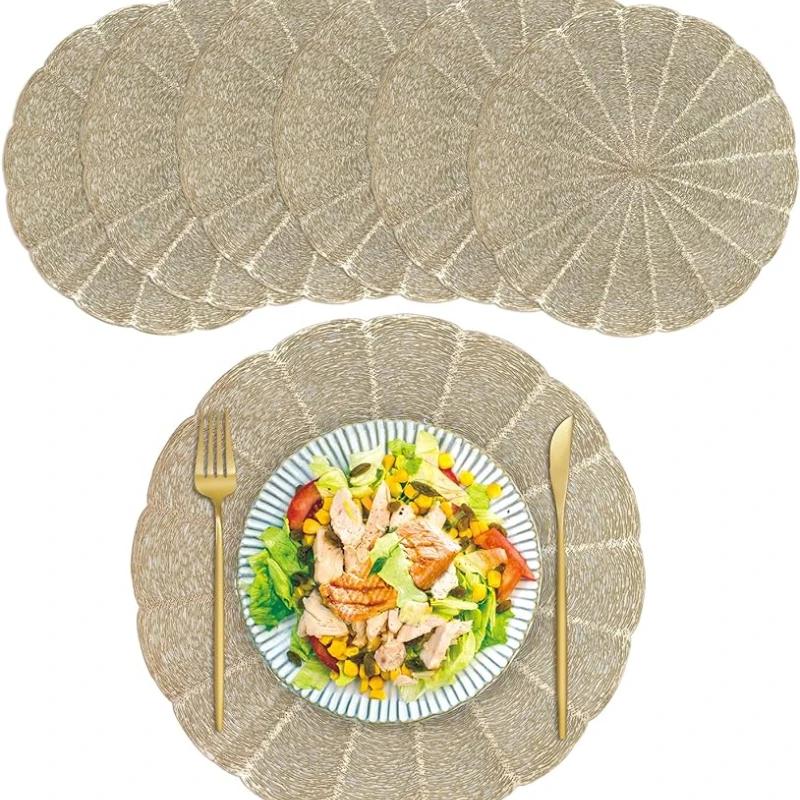 Набор из 6 подставок под тарелки Круглые Золотые Виниловые Легко моющиеся Нескользящие Жаростойкие 15" для Обеденного стола Свадебной вечеринки Фестиваля