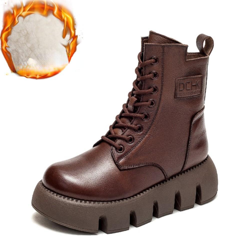 Johnature Женские ботинки из натуральной кожи, зимние ботинки на молнии с круглым носком, женские шитье, ботильоны ручной работы на платформе в стиле ретро