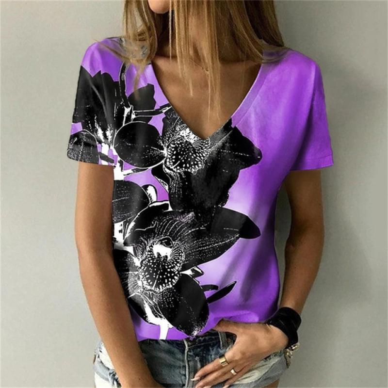 Versatile Sexy V-neck Women's T Shirt Flower 3D Print Summer Short Sleeve Fashion Street Harajuku Comfortable Ladies Tee Casual