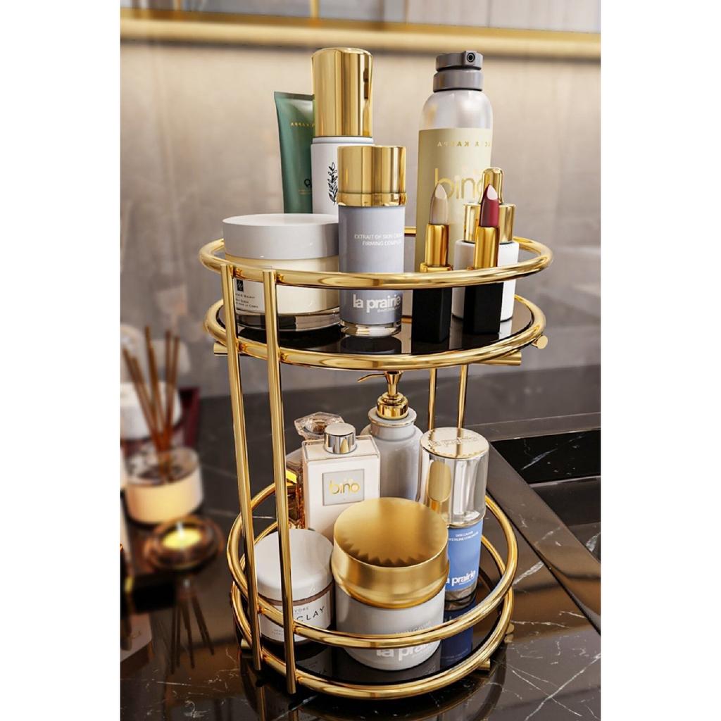 Bathroom Cosmetic Jewelry Organizer Multi-purpose Organizer 2-tier Serving Presentation Tray Treat Holder Gold
