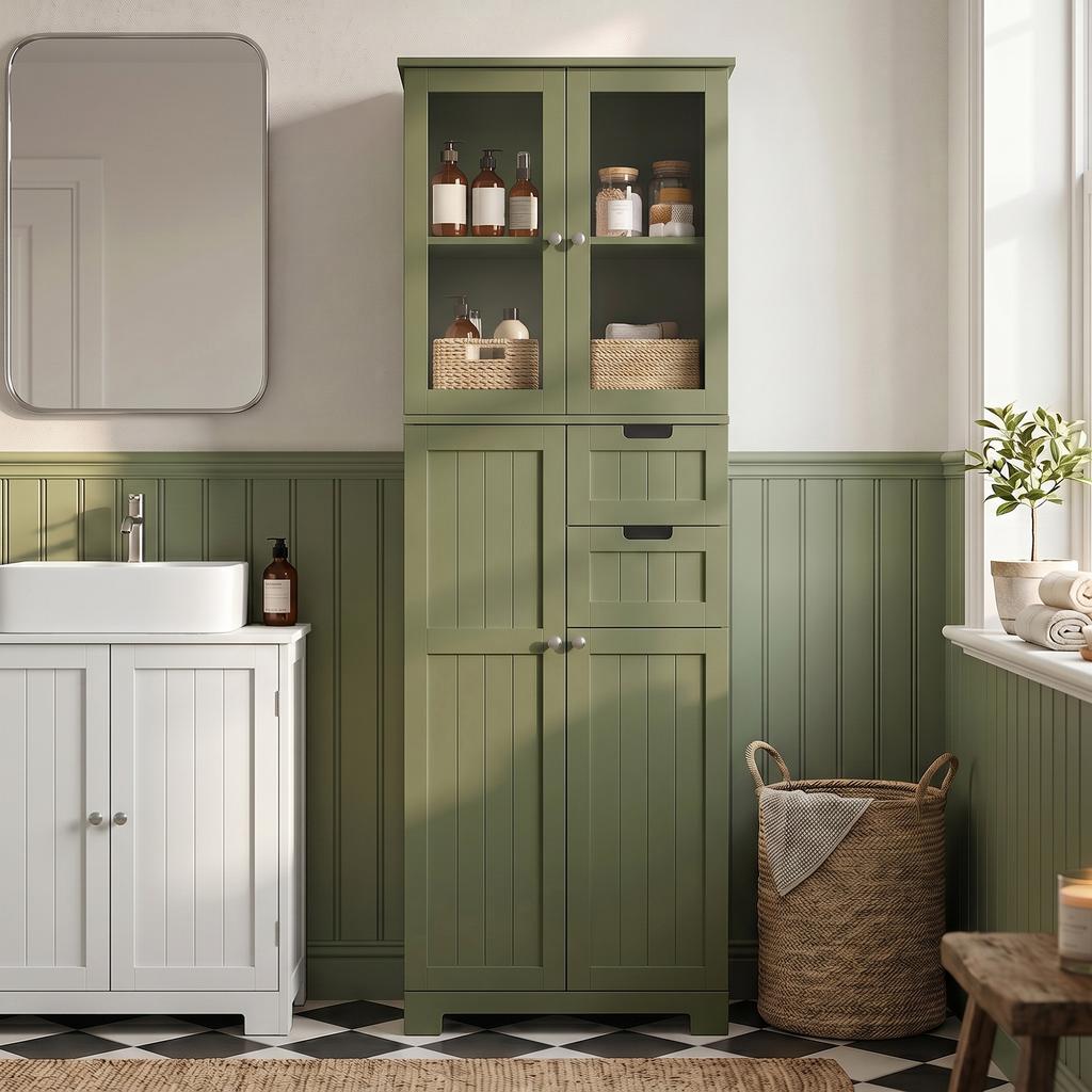 Tall Storage Unit, Cabinet with Glass Doors and Adjustable Shelves, Green