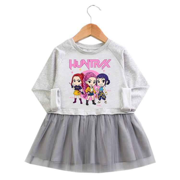 Girls Kpop Rumi Zoey Mira Hunters Print Round Neck Pleat Mesh Dress