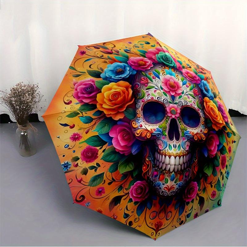 1pc Sugar Skull Decor Umbrella - 8-Rib Automatic Open/Close, Fashionable Compact Umbrella for Outdoor Adventures yy250813191