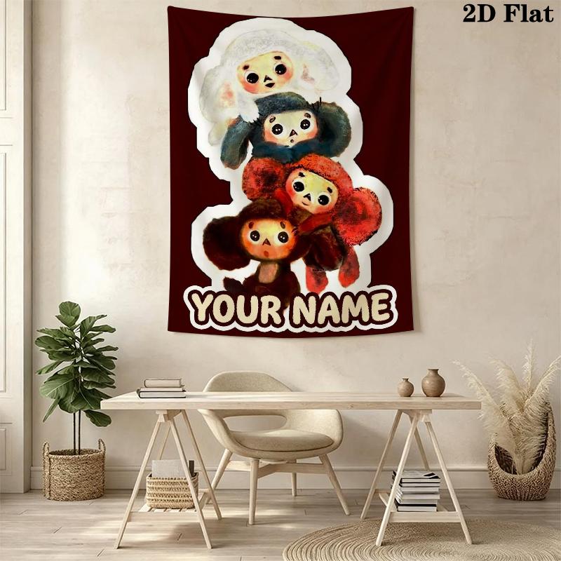 Custom Name Cheburashkas Wall Tapestry Aesthetic Wall Hanging Printed Fabric Blanket Decorative Tapestries for Bedroom Living Room Home Decor