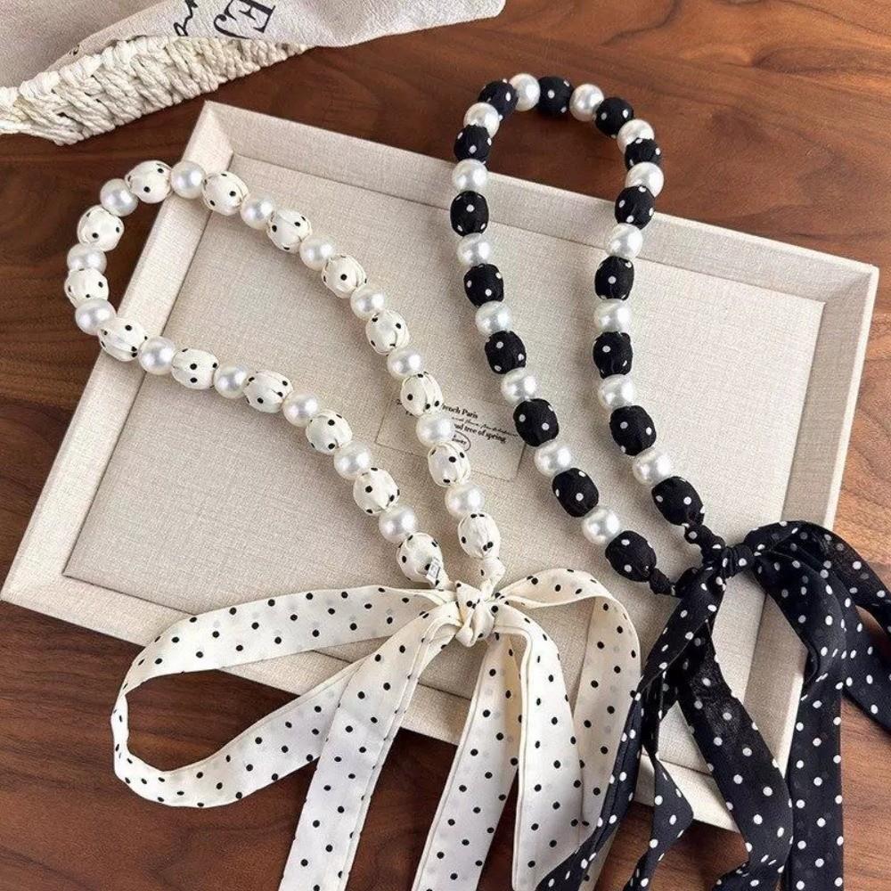 Ribbon Pearl Necklace Scarf Adjustable Polka Dots Scarf All-match Waist Chain Summer Season
