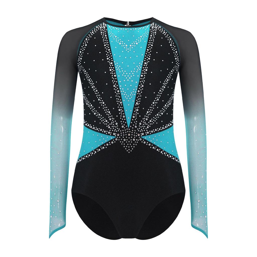 Girls Gymnastics Leotard Sheer Mesh Long Sleeve Keyhole Back Shiny Rhinestones Color Block Costume