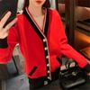 Contrasting Color Knitted Cardigan Women Loose Lazy Casual Red Sweater Coat V-neck Striped 2022 Autumn Winter Pockets Female
