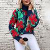 Autumn Winter Vintage Loose Long Sleeve Top Print Cardigan Knitwear Stand Collar Sweater