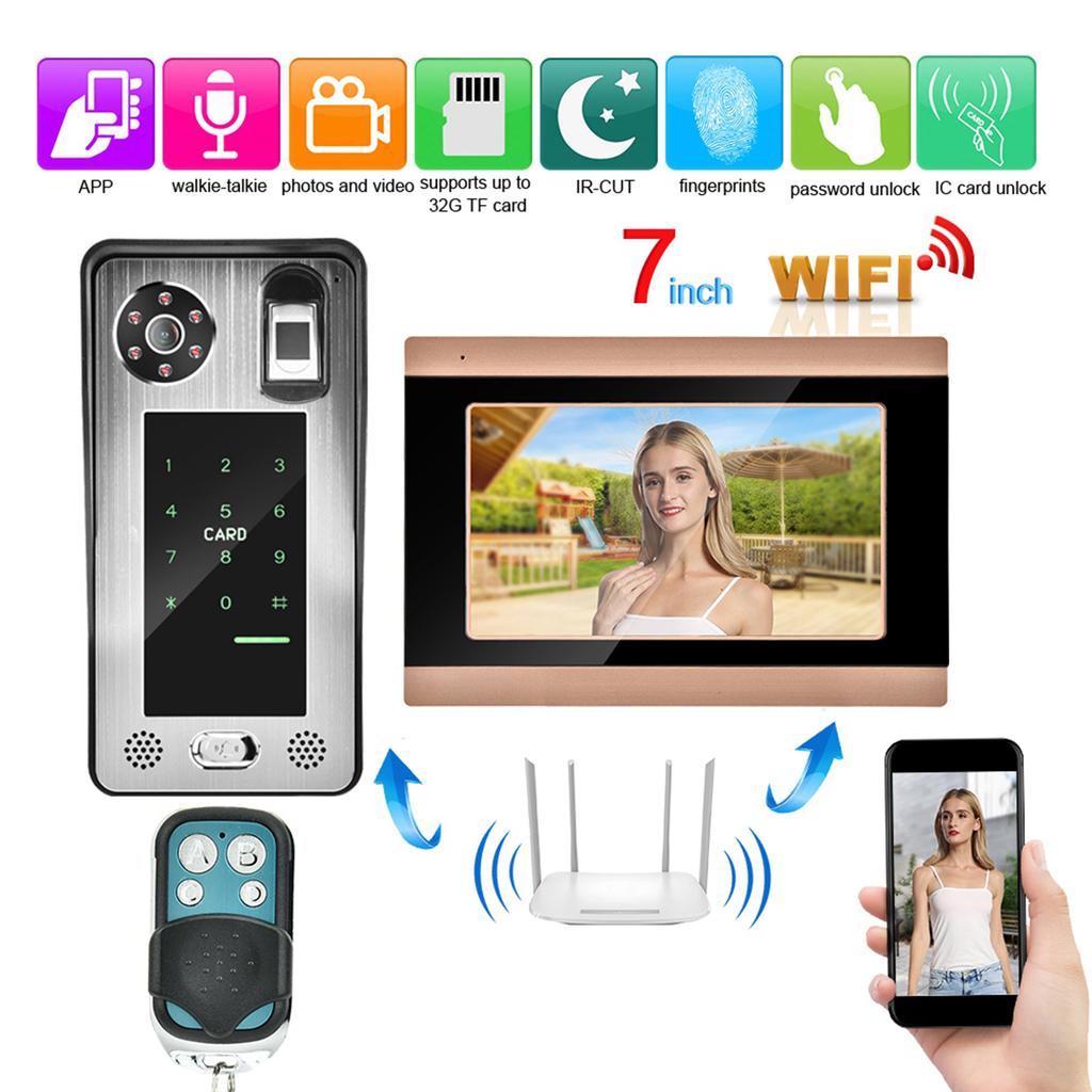 Пульт дистанционного управления отпечатков пальцев Пароль 7 дюймов ЖК-дисплей Wifi Видеокамера Дверной звонок