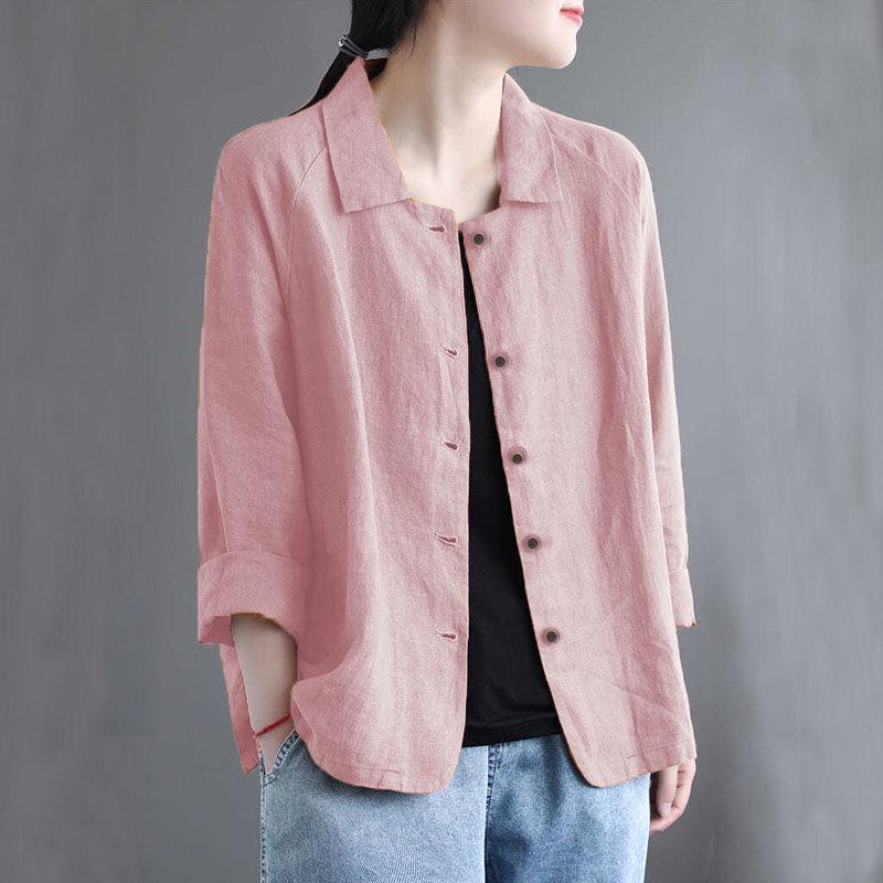 Женская хлопково-льняная куртка-рубашка - Весна/Осень, универсальная однотонная с защитой от солнца
