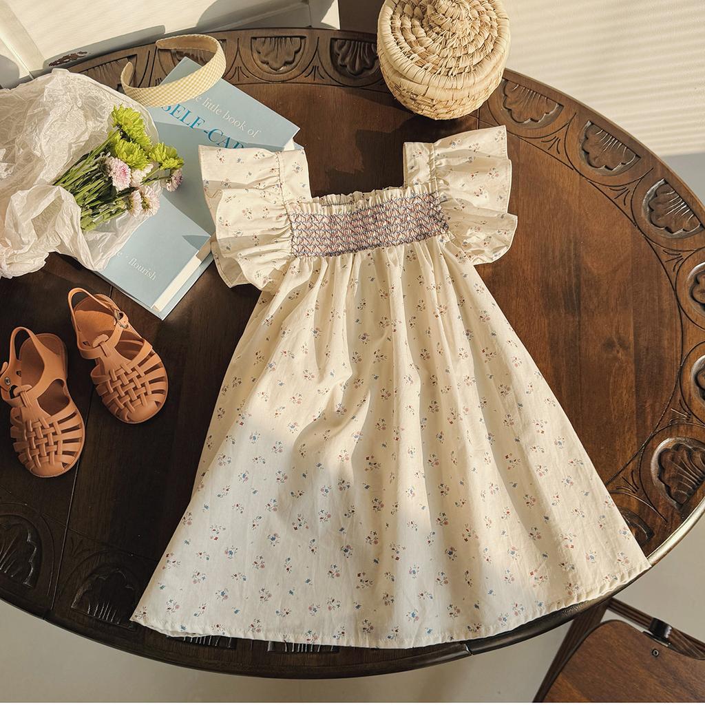 Summer Girls Floral Dress Cotton Short Flutter Sleeve Cute Baby Girl Casual Outdoor Wear Dress