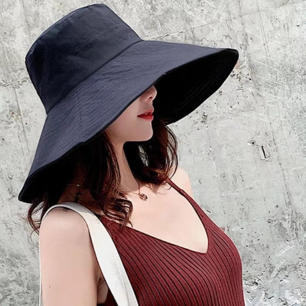 Summer 15CM Large Brim Sun Hat UV Protection Solid Color Beach Bucket Hat Foldable Breathable Sunshade Cap