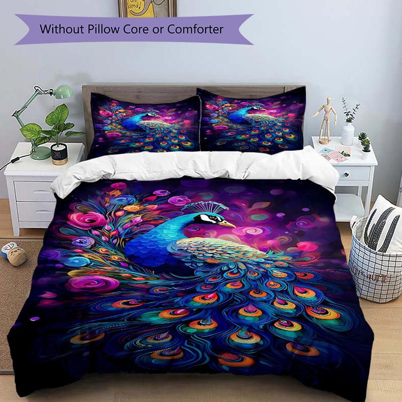 3pcs Peacock Feather Duvet Cover Set -Includes 1 Duvet Cover and 2 Pillowcases, No Quilt Core, All-Season Home Decor yy251111192