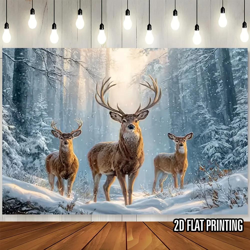 2D flat printing party banner single piece with winter wonderland reindeer forest scene background suitable for eventsZL