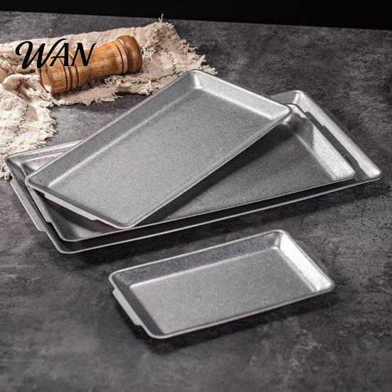 BBQ Grill Pan Vintage Stainless Steel Rectangular Tray Retro Industrial Platter with Portable Accessory Double Handles Large Heavy Duty Serving