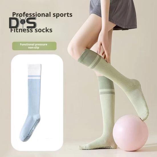 1 Pair Women Sport Stockings Elastic Cycling Knee Socks Anti-slip Arch Support Silicone Bottom Contrast Color Stockings for Yoga Pilates Dance
