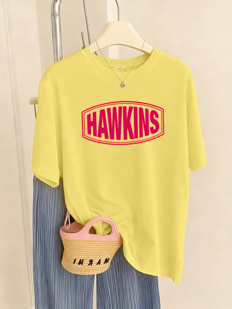Hawkins Letter Logo Prints TShirts Women Summer Loose Short Sleeve Tops Soft ONeck T Shirts Basics Comfortable Womans Clothes