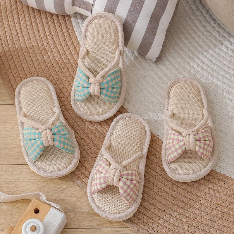 Children's Linen Spring and Autumn Girls Home Non-slip Thick Bottom Four Seasons Household Children Hollow Baby Floor Slippers
