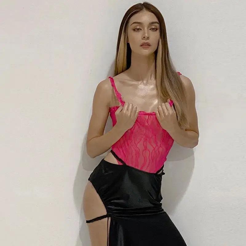 European and American Summer Women's Camisole Lace One Line Collar Slim Fit Bottomed Jumpsuit