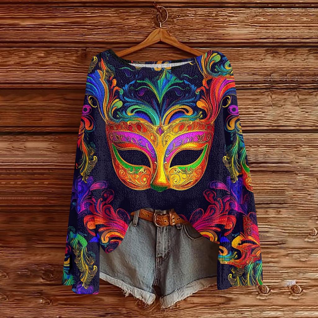 Женский повседневный модный топ с круглым вырезом, с карнавальным принтом, с длинным рукавом, вязаный пуловер