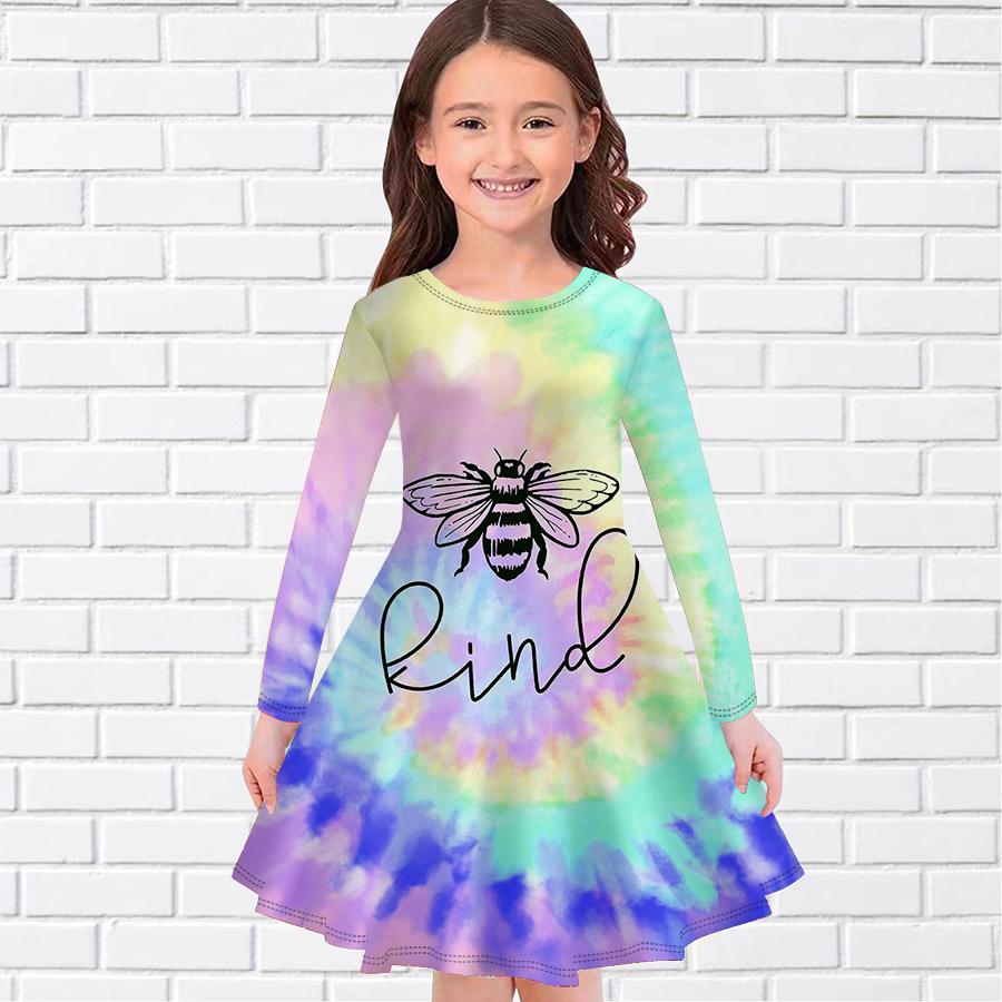 Повседневное платье для девочки с принтом маленькой пчелки и круглым вырезом, с длинными рукавами, детское платье принцессы